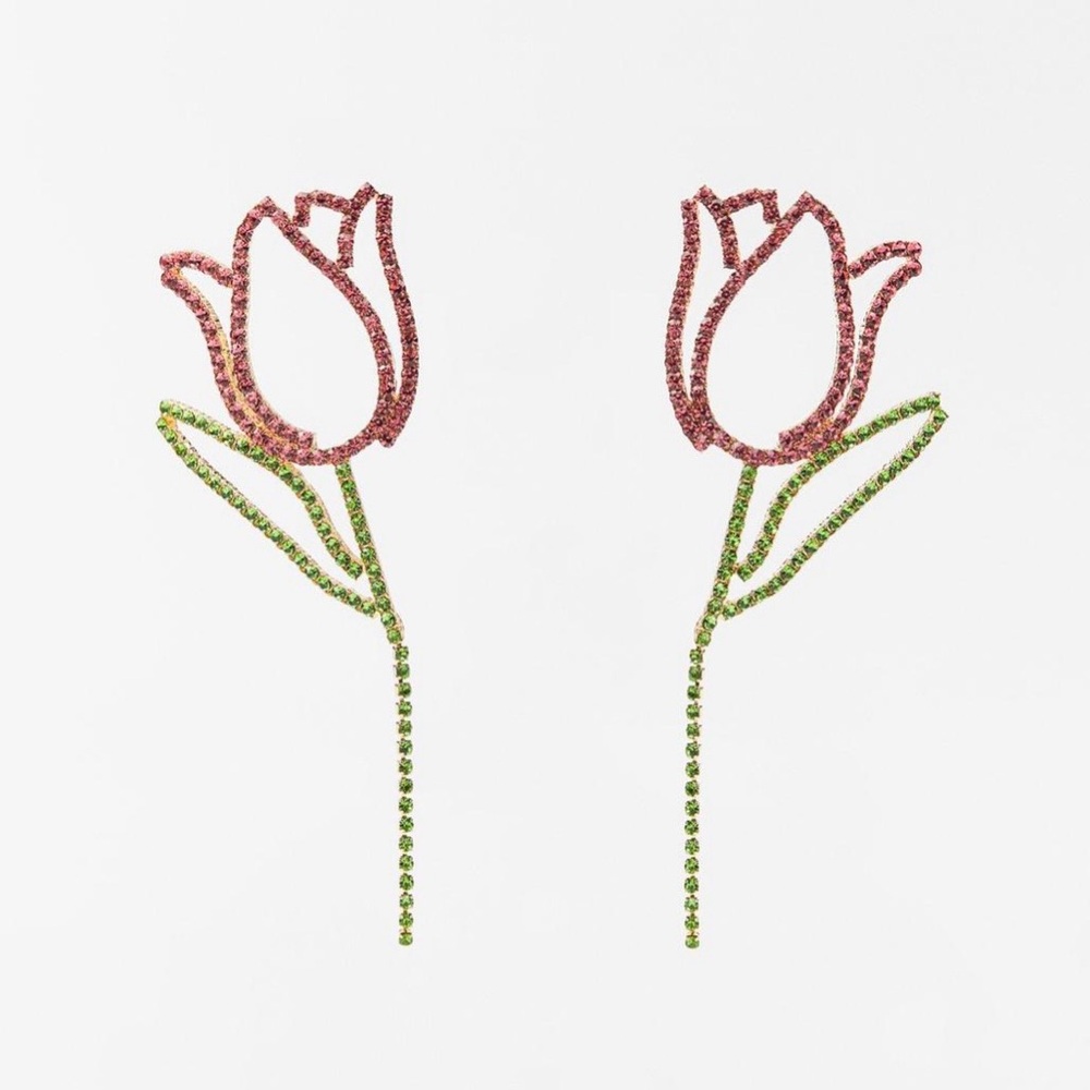 Zara rhinestones Pink and Green Tulip Earrings Festival Party Dance Y2K